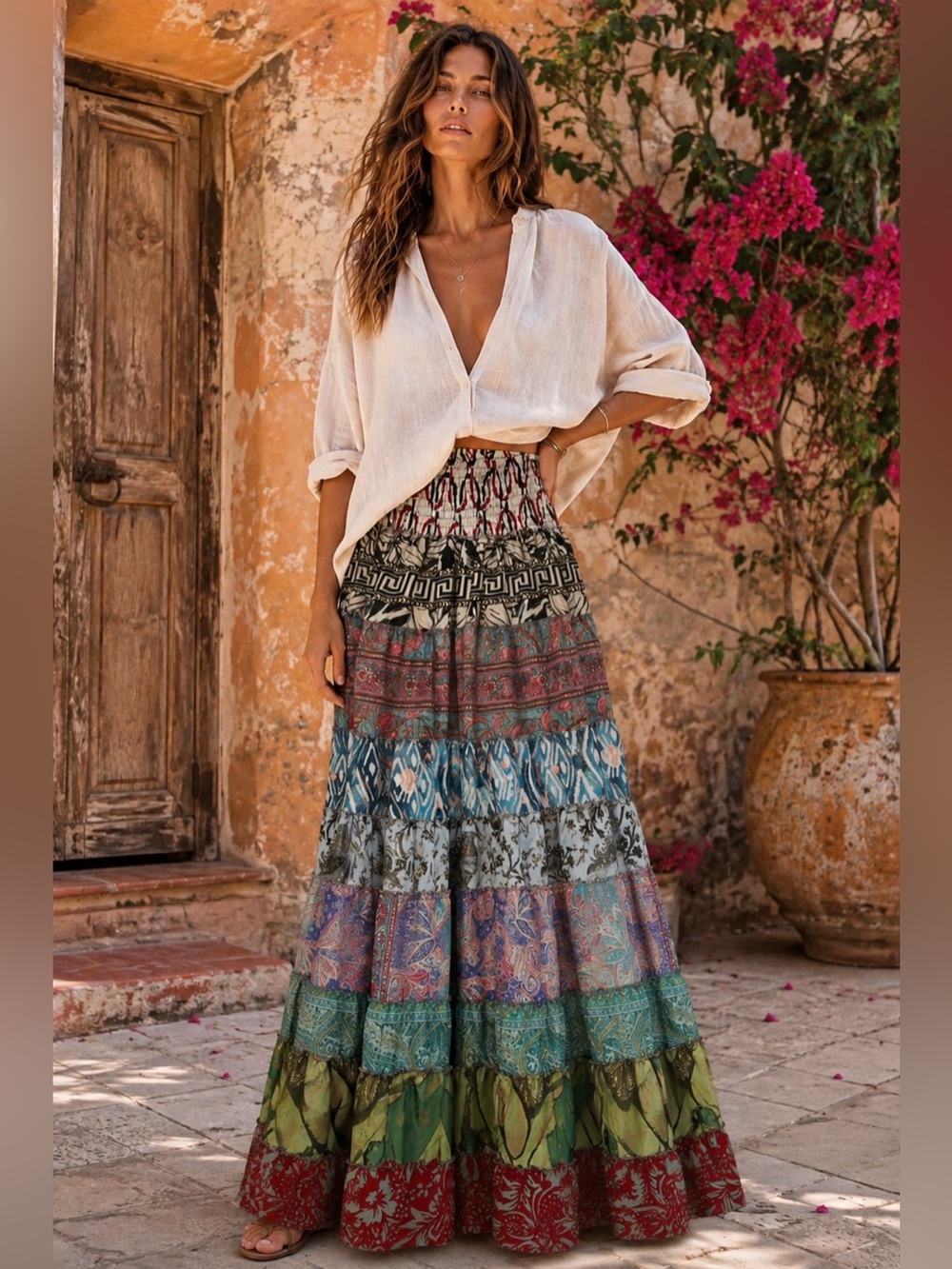 Recycled Silk Blend Floral Patchwork Tiered Ruffle Skirt Free Size Gypsy Boho